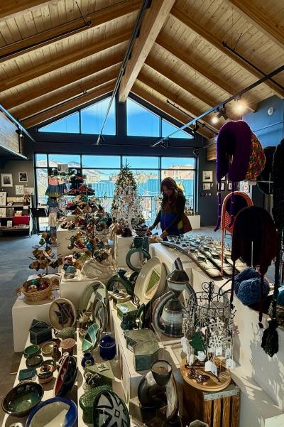 Foothills Art Center (FAC) Annual Holiday Art Market (HART) 2nd floor gallery filled with handmade goods from Colorado artists.